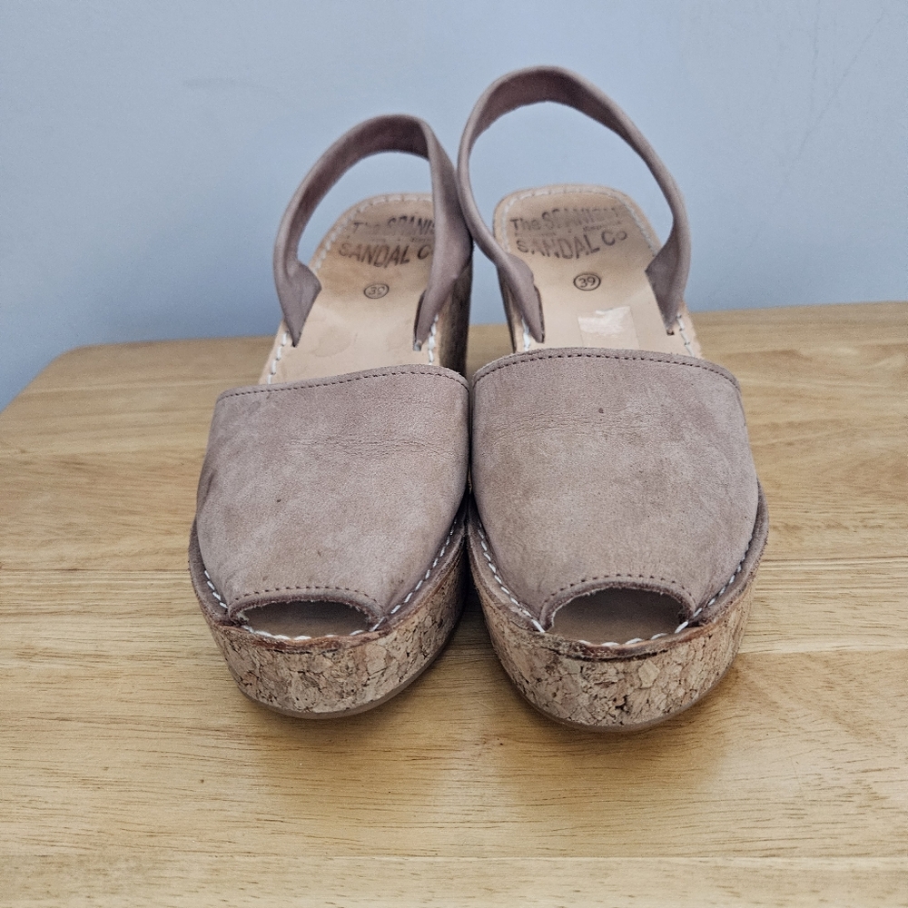 The Spanish Sandal Co Neutral Leather Cork Peep Toe Wedge Sandals Size 8 (39)
